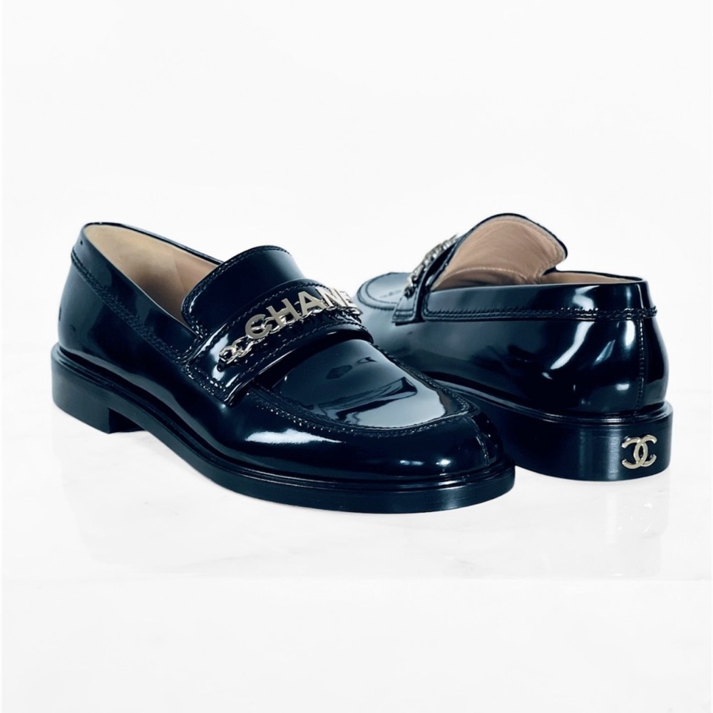 Chanel black patent loafers